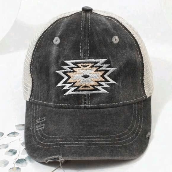2/$30 Ladies Black Grey Aztec Distressed Ponytail Baseball Trucker Hat - Picture 2 of 5